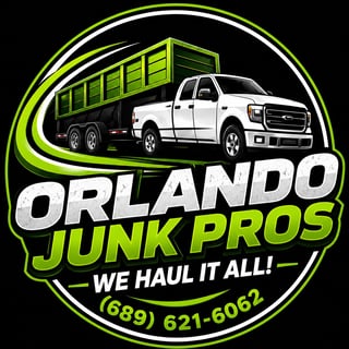 Orlando Junk Pros logo featuring a white dump truck with green trailer and neon green circular design, tagline We Haul It All, phone number 689-621-6062