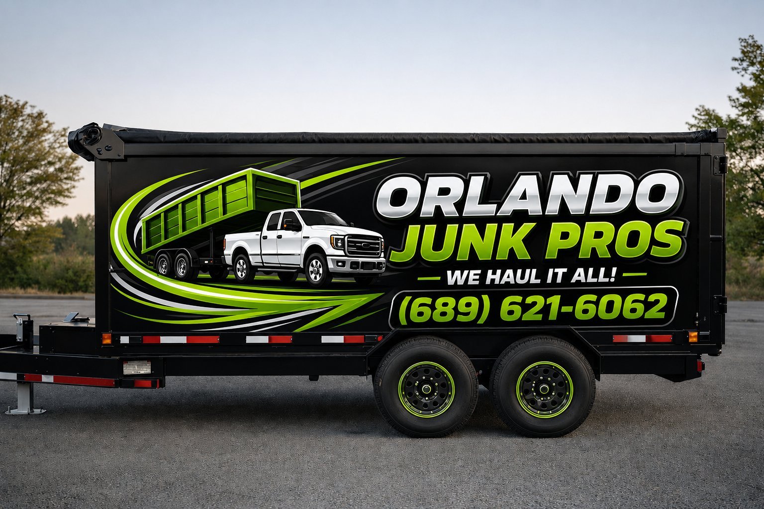 Orlando Junk Pros utility trailer with truck graphics and phone number, parked outdoors
