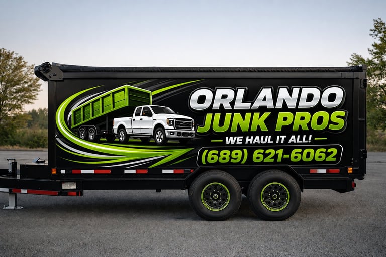 Orlando Junk Pros trailer with green and black wrap design featuring a truck logo and phone number (689) 621-6062
